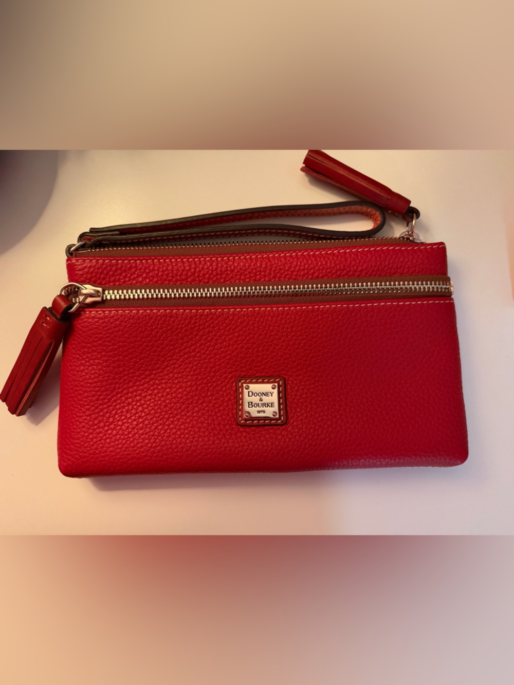 NWOT Dooney & Bourke Red Pebbled Leather Wristlet with Brown Strap